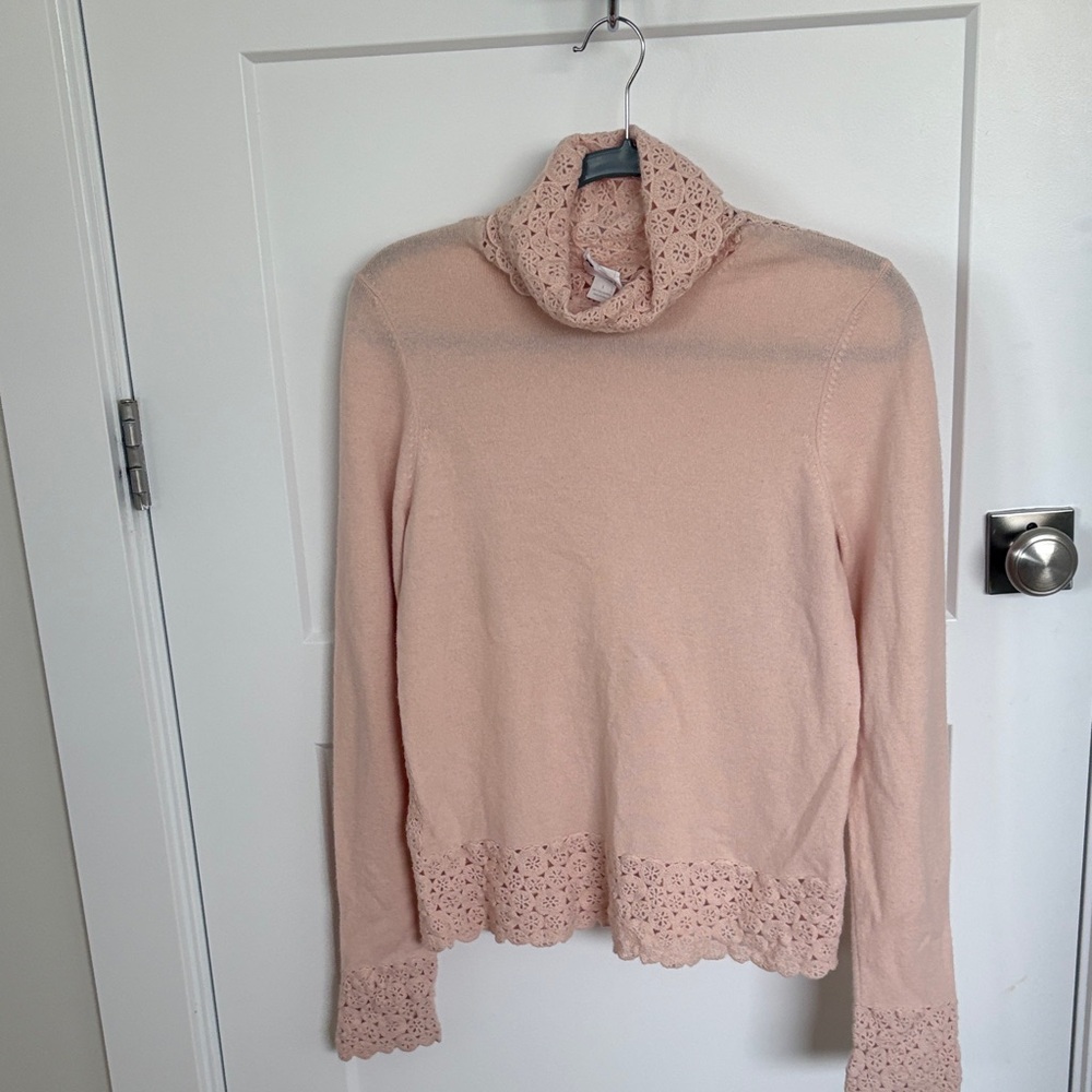 Lace-Trimmed Pink Cashmere Vintage Turtleneck Sweater